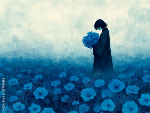 a young woman standing in a vast field of blue flowers under an overcast sky. She is dressed in a dark, oversized coat and holds a large bouquet of the same blue flowers