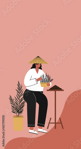 Person in a traditional hat tending to houseplants, symbolizing a relaxing hobby, plant care, and sustainable home living.