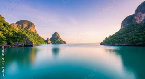 Calm turquoise water reflecting dramatic Karst Limestone Towers at sunrise, long exposure landscape photography with tranquil, serene mood.