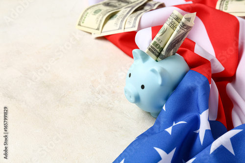 USA flag with piggy bank an...