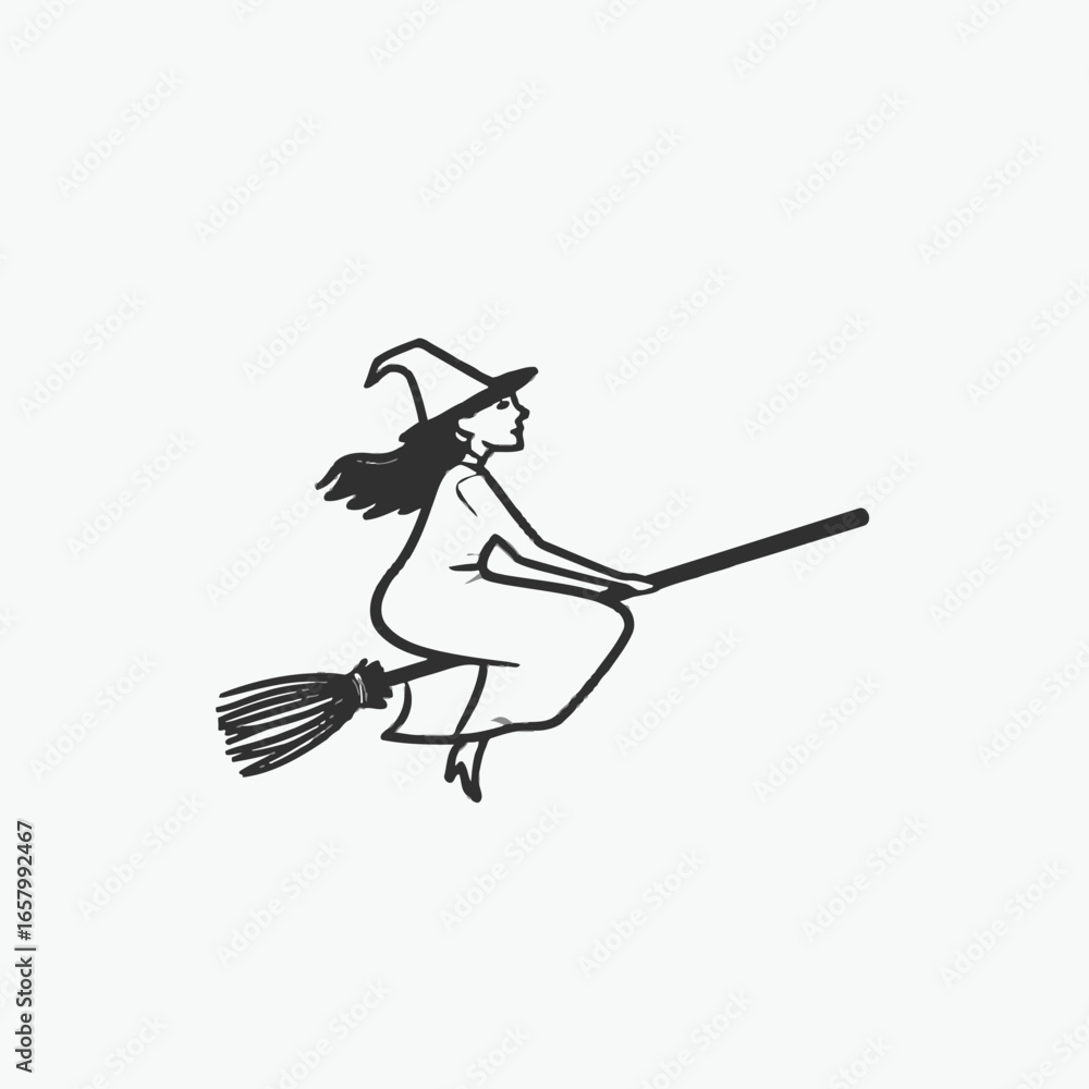 Fototapeta premium Sketch of a Witch Flying on a Broomstick in Profile View