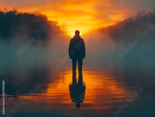 
Visualize a person standing at the edge of a serene, reflective lake at dawn. The figure is looking into the water, where their reflection is clear
