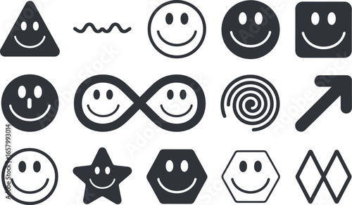 Happy face geometric icons:  positive, playful, minimalist vector graphics.