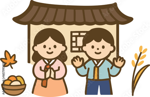 추석인사 그림_명절_한복입은 커플_한국 기와집