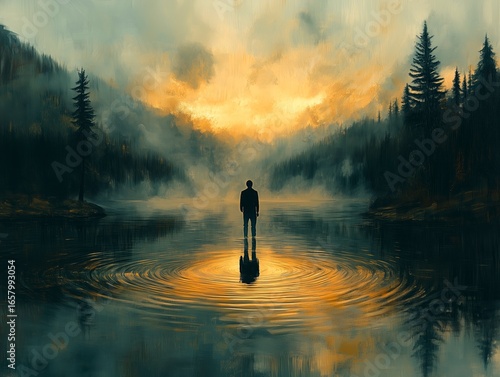 
Visualize a person standing at the edge of a serene, reflective lake at dawn. The figure is looking into the water, where their reflection is clear