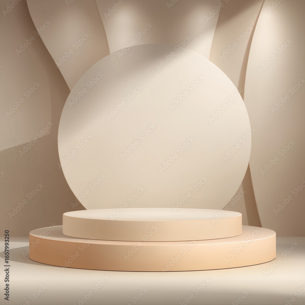 Fototapeta premium Minimalist Beige Geometric Podium with Soft Shadows and Curved Background stage platform