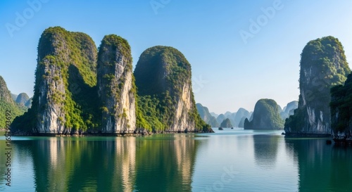 Wide shot of scenic Karst Limestone Towers reflecting in calm water, showcasing a tranquil and serene mood in Ha Long Bay, Vietnam, during daytime.