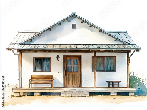 Watercolor illustration, simple and minimalist style, a cute modern house with a front door and a wooden bench on the porch, a pastel color palette