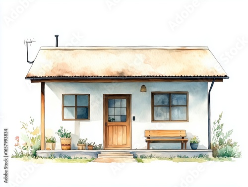 Watercolor illustration, simple and minimalist style, a cute modern house with a front door and a wooden bench on the porch, a pastel color palette
