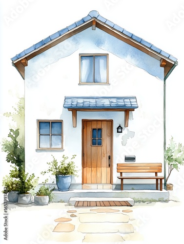 Watercolor illustration, simple and minimalist style, a cute modern house with a front door and a wooden bench on the porch, a pastel color palette