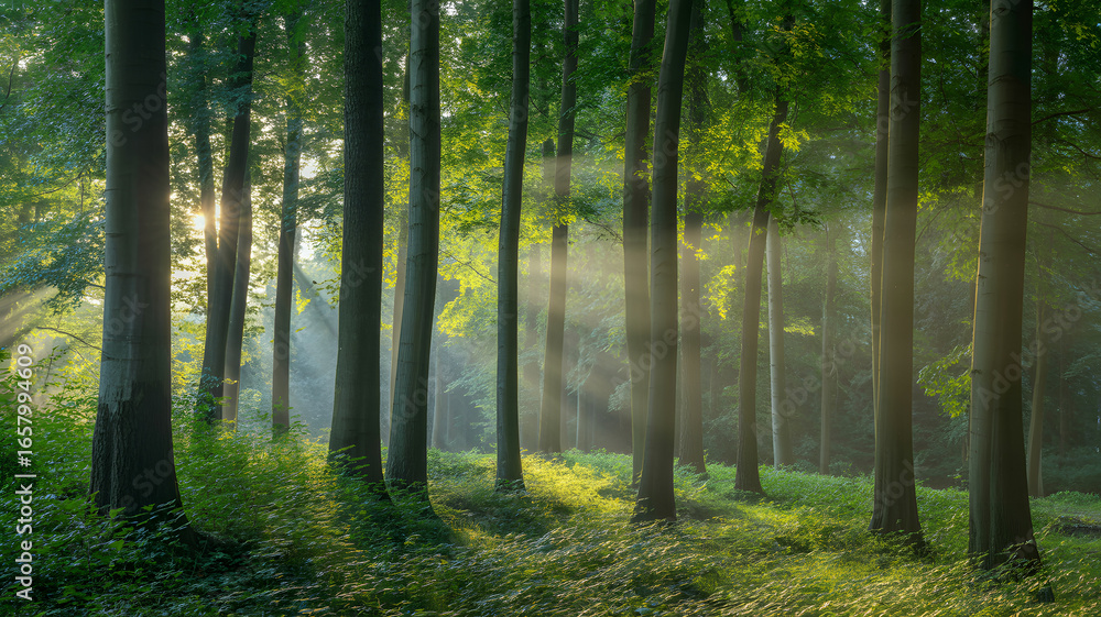 Fototapeta premium Sunlight streams through tall trees in a lush green forest