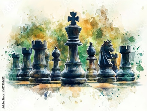 Watercolor painting of a chess set, featuring detailed and expressive chess pieces, especially the queen piece prominently in the center.