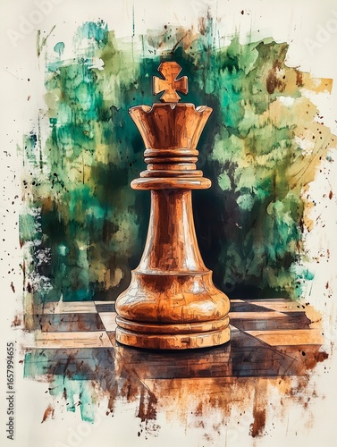 Watercolor painting of a chess set, featuring detailed and expressive chess pieces, especially the queen piece prominently in the center.