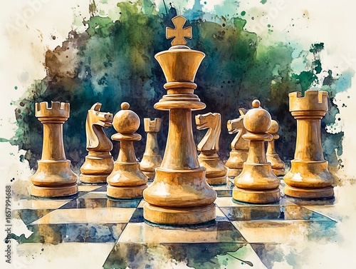 Watercolor painting of a chess set, featuring detailed and expressive chess pieces, especially the queen piece prominently in the center.