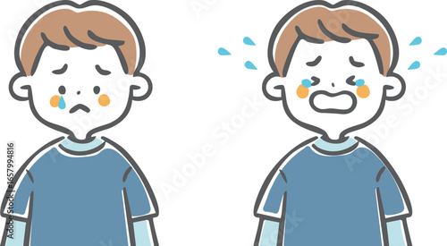 泣いている男の子のイラストセット　上半身　ベクター

