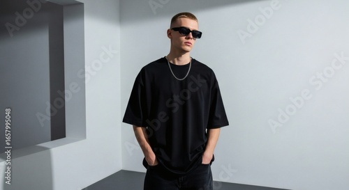 A young man with short hair wearing a black t-shirt, jeans, sunglasses, and a silver chain stands in a minimalist, white corner setting.