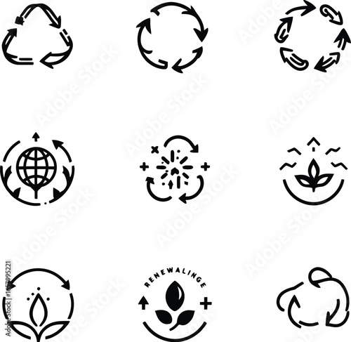 Eco Sustainability Icon Grid Featuring Recycling Symbols, Circular Arrows, Globe, Leaves, and “Renewable” Text — Black and White Vector Set Representing Environmental Conservation, Resource Renewal, 