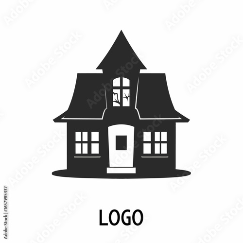 Spooky Haunted House Silhouette with Broken Window and Pointed Roof