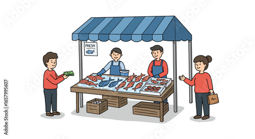 Cartoon Fish Market Scene with Buyers and Sellers