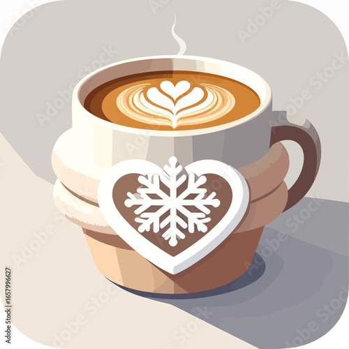 Steaming Latte in Rustic Mug with Snowflake Heart Cookie