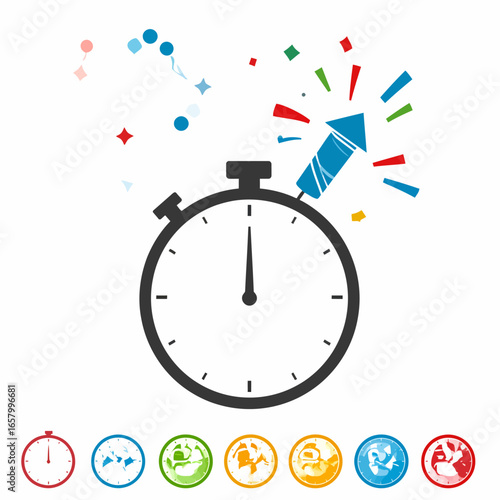 Stopwatch with Rocket and Confetti Illustration for Celebration or Deadline