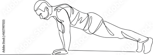 single one line drawing man doing push up fitness eps vector on white background