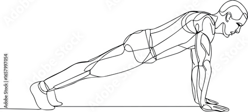 single one line drawing man doing push up fitness eps vector