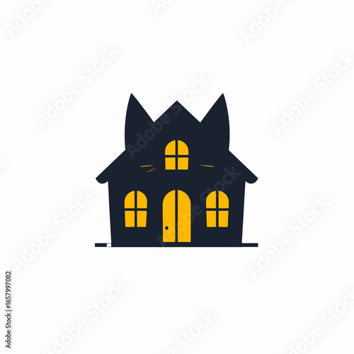 Stylized Cat House Silhouette with Glowing Windows and Door