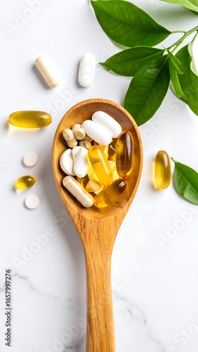 Wooden spoon holding various pills and capsules, surrounded by fresh leaves on a marble surface