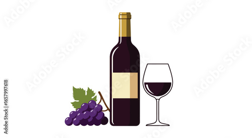 Red Wine Bottle, Glass, and Grapes
