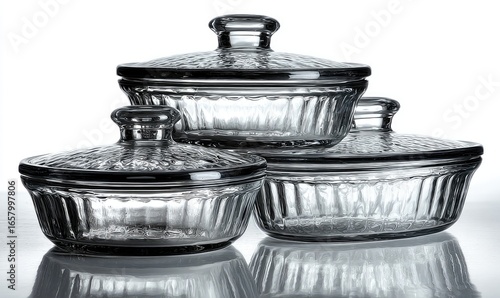 Three glass serving dishes with lids, stacked, showing ribbed design