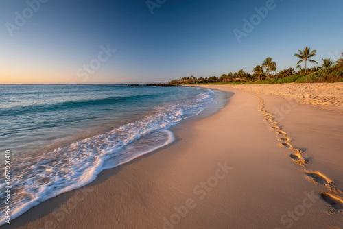 on stunning hawaiian beach soft golden sand stretches under warm sun with gentle waves lapping at shore