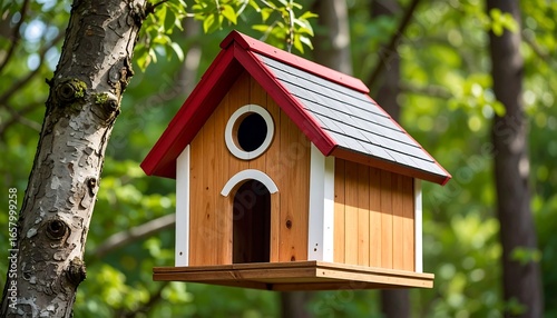 Wooden birdhouse hanging in a tree