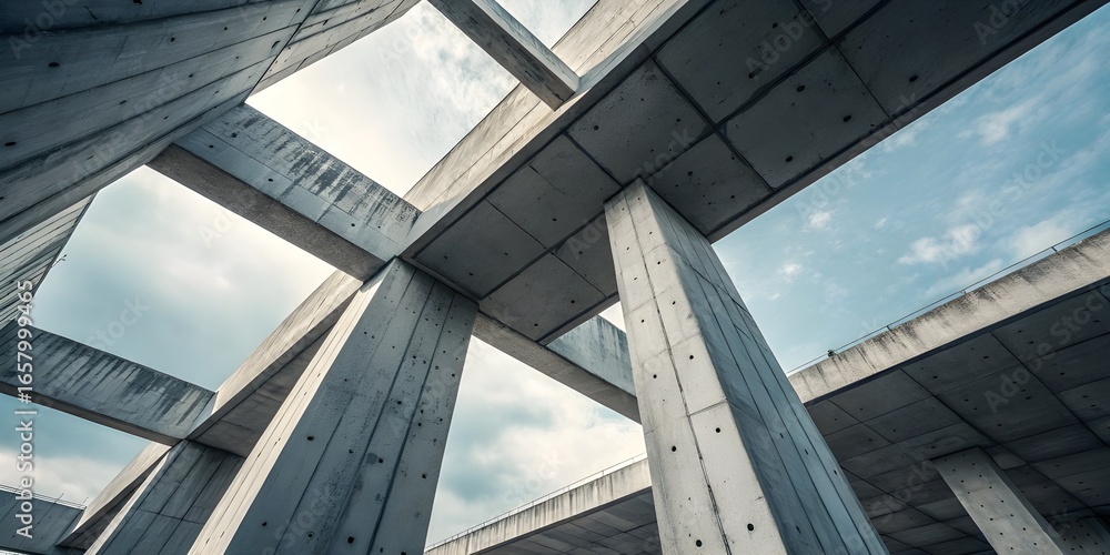 Obraz premium Looking up at a modern concrete structure against a blue sky