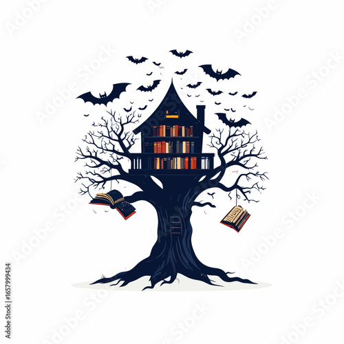 Stylized Treehouse Library with Bats and Hanging Books Illustration