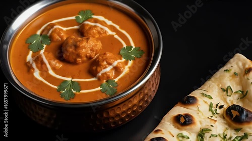Delicious butter chicken and naan bread studio shot food photography