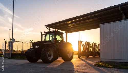 Tractor parked under a shed at sunset