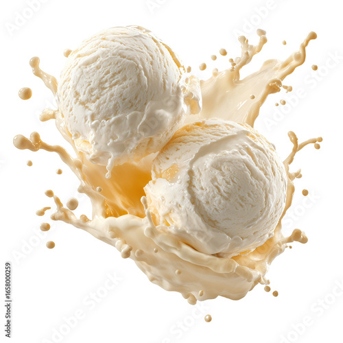 Two scoops of vanilla ice cream are suspended in mid air, surrounded by splash of creamy liquid, creating delightful and playful scene