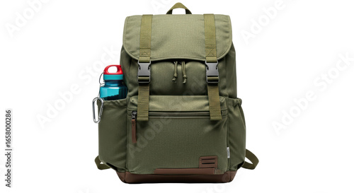 Isolated Green Canvas Backpack with Water Bottle