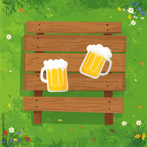 Two Frothy Beer Mugs on a Wooden Bench Illustration