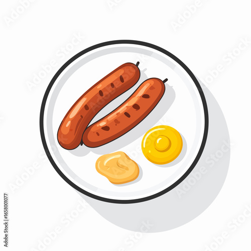 Two Grilled Sausages with Mustard and Egg on a Plate