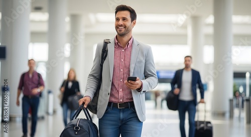 Cheerful African-American man standing with a passport in the hall of the airport. A businessman walking through airport terminal, pulling suitcase and using smartphone