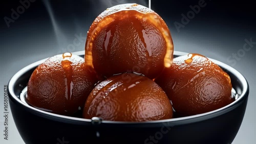 Delicious gulab jamun drizzled with sweet syrup in dark bowl