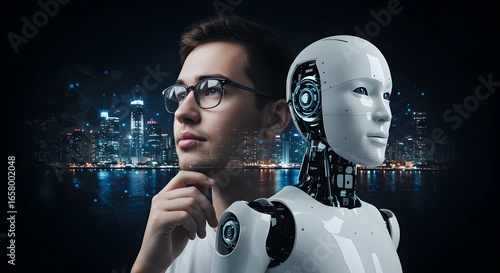 Businessman and digital world AI robot technology. Business finance investment with big data technology concept, cyberspace, digital world, and metaverse background