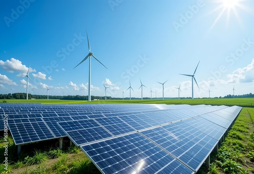 Renewable energy landscape with solar panels and wind turbines under blue sky