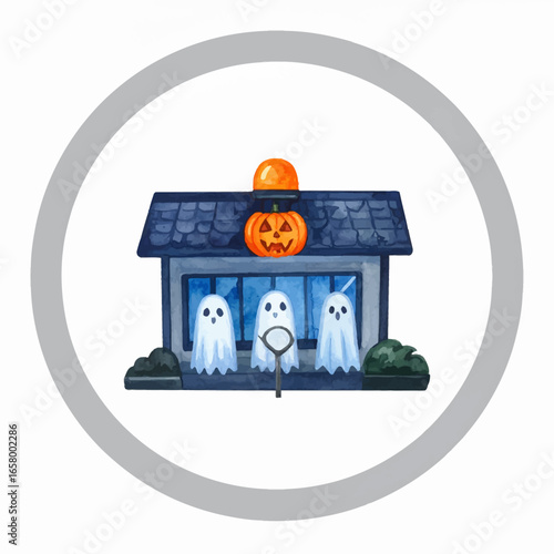 Watercolor Halloween House with Ghosts and Pumpkin Decoration