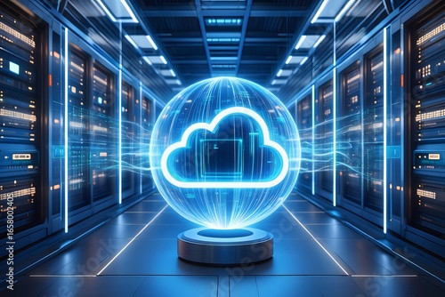 Cloud computing data center server room with glowing cloud icon for it infrastructure and hosting
