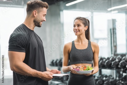 Wallpaper Mural A fitness trainer shares healthy meal choices with a client in a gym. The atmosphere is energetic, showcasing fitness equipment in the background Torontodigital.ca