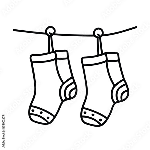 hanging socks line art on white background
