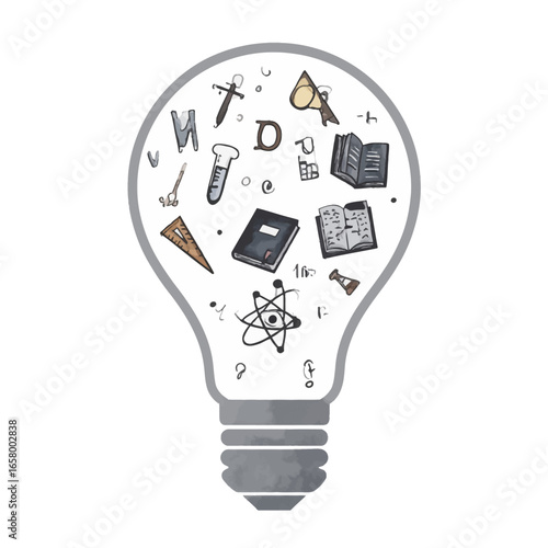 Watercolor Illustration of Lightbulb Filled with Educational and Scientific Elements